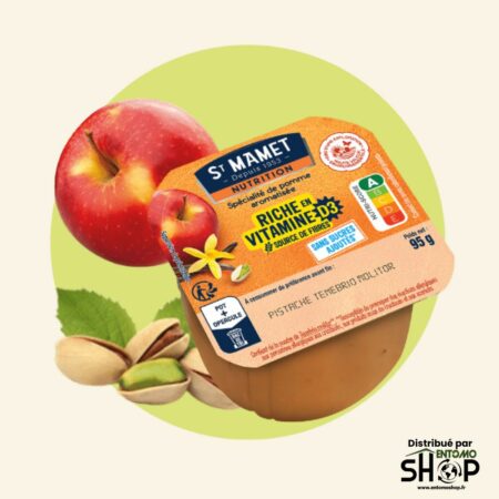 spécialité de fruits Pomme HVE & Pistache. Nutri-Score A, sans sucres ajoutés et riche en Vitamine D3 naturelle grâce à la farine d'insecte française.