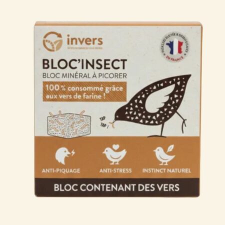 Bloc à picorer aux vers de farine 900g – Anti-stress, anti-picage pour oiseaux du jardin. Minéraux + insectes. Made in France, Invers.