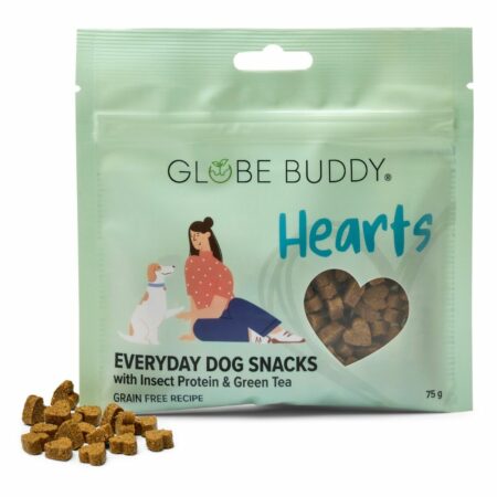 Découvrez les friandises Globe Buddy Hearts à la protéine d'insecte et thé vert sur Entomoshop. Une récompense hypoallergénique, légère et digeste pour chien !