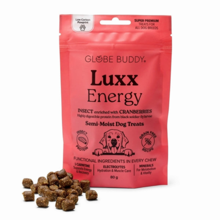 Delicious, soft, premium quality dog ​​treats with sustainable insect protein. Grain-free recipe with sea buckthorn, collagen and omega-3 for healthy skin,