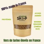 Vers de farine déshydratés 200g – 55% de protéines naturelles. Aliment complémentaire pour oiseaux du jardin, furets, reptiles et rongeurs. Élevés en France.