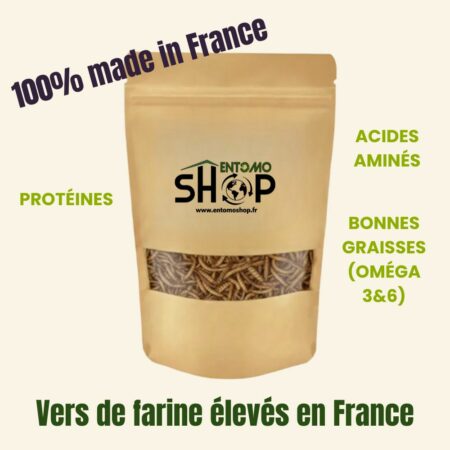 Vers de farine déshydratés 200g – 55% de protéines naturelles. Aliment complémentaire pour oiseaux du jardin, furets, reptiles et rongeurs. Élevés en France.